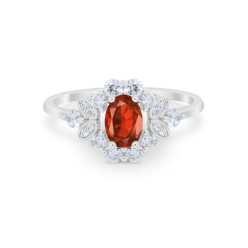 Oval Wedding Ring Vintage Art Deco Round Simulated Garnet CZ 925 Sterling Silver